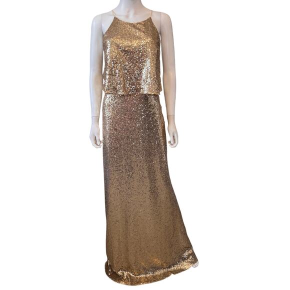 New B2 JASMINE Women's Sandstone Jewel Neck Sequin Long Bridesmaid Dress Size 14 - Picture 3 of 6